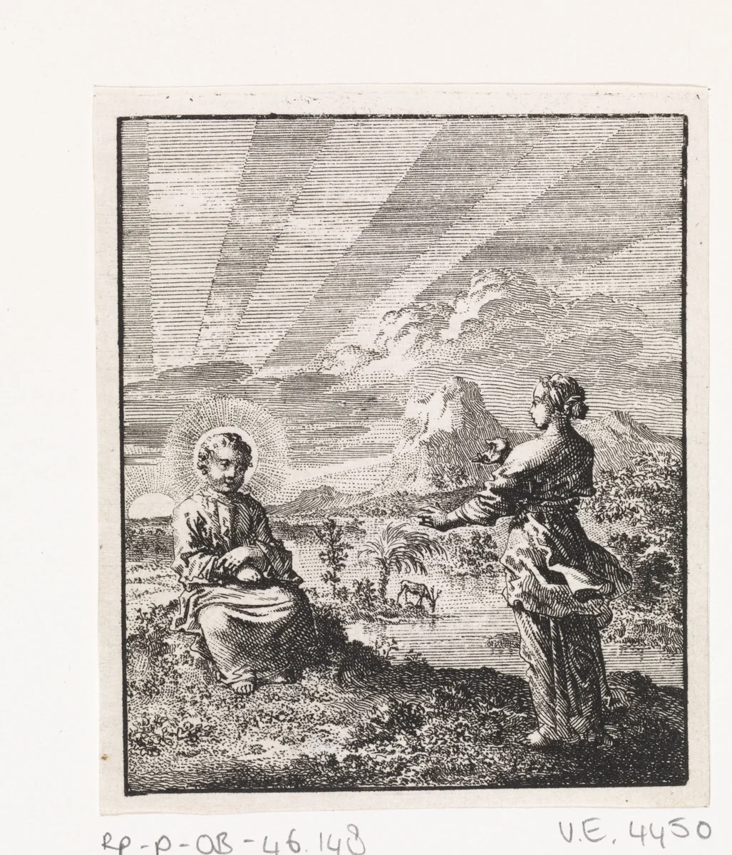 Christus en de gepersonifieerde ziel aanschouwen de opkomende zon by Jan Luyken, print, 1714