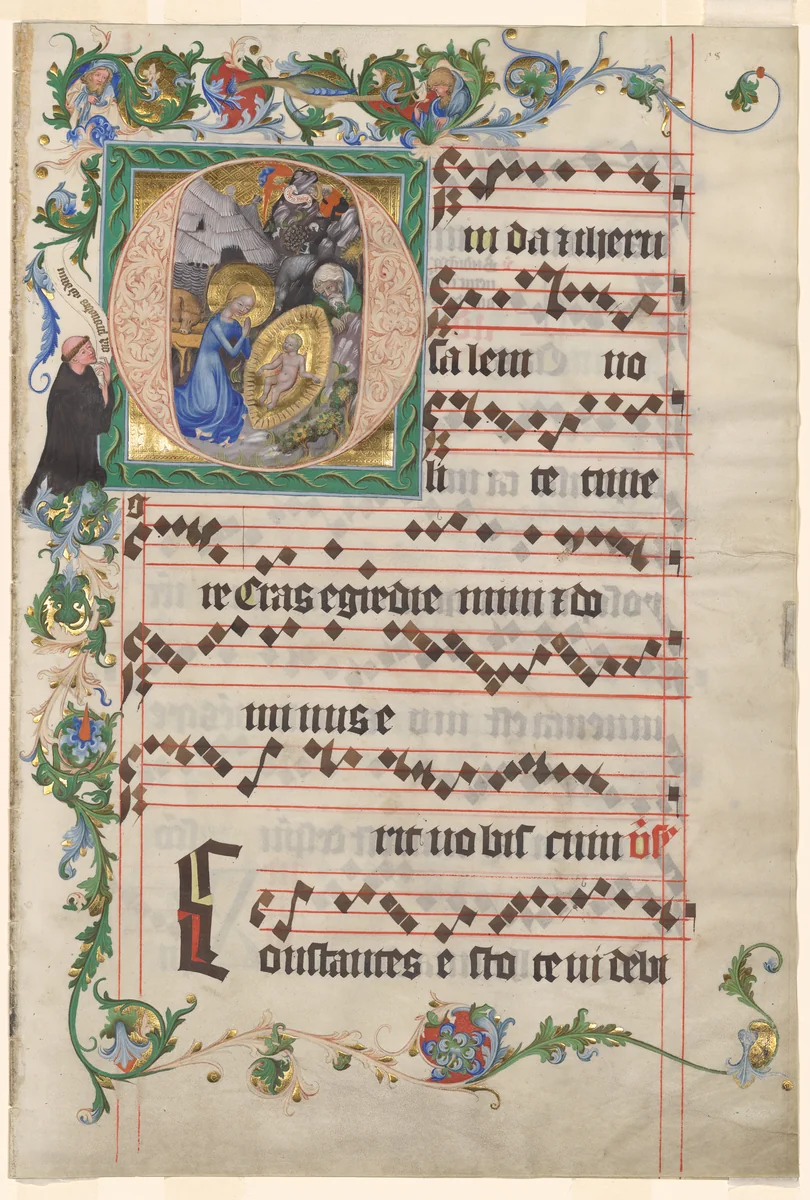 Bifolio from an Antiphonary: Historiated Initial O with the Nativity by Unknown, manuscript, 1400-1425