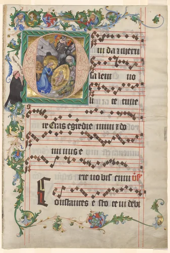 Bifolio from an Antiphonary: Historiated Initial O with the Nativity by Unknown, manuscript, 1400-1425