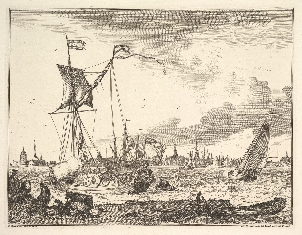 Harbor Scene by Ludolf Backhuysen, print, 1645-1708