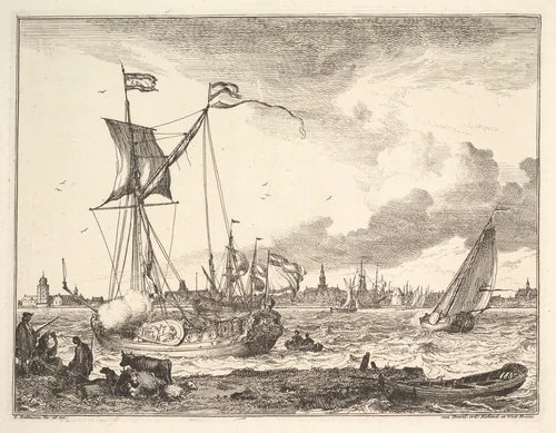 Harbor Scene by Ludolf Backhuysen, print, 1645-1708