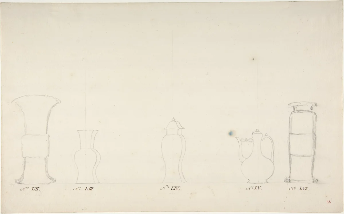 Design for Four Vases and a Teapot by anonymous, drawing, 1765-1790