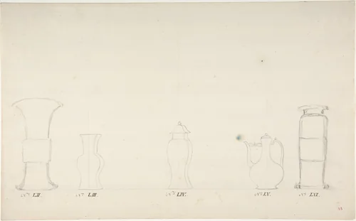 Design for Four Vases and a Teapot by anonymous, drawing, 1765-1790