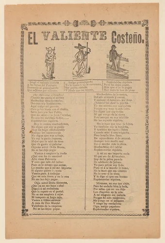 Broadside about a brave man from the west coast of Mexico, who is shown walking down a street wearing a sombrero by José Guadalupe Posada, print, 1894-1904