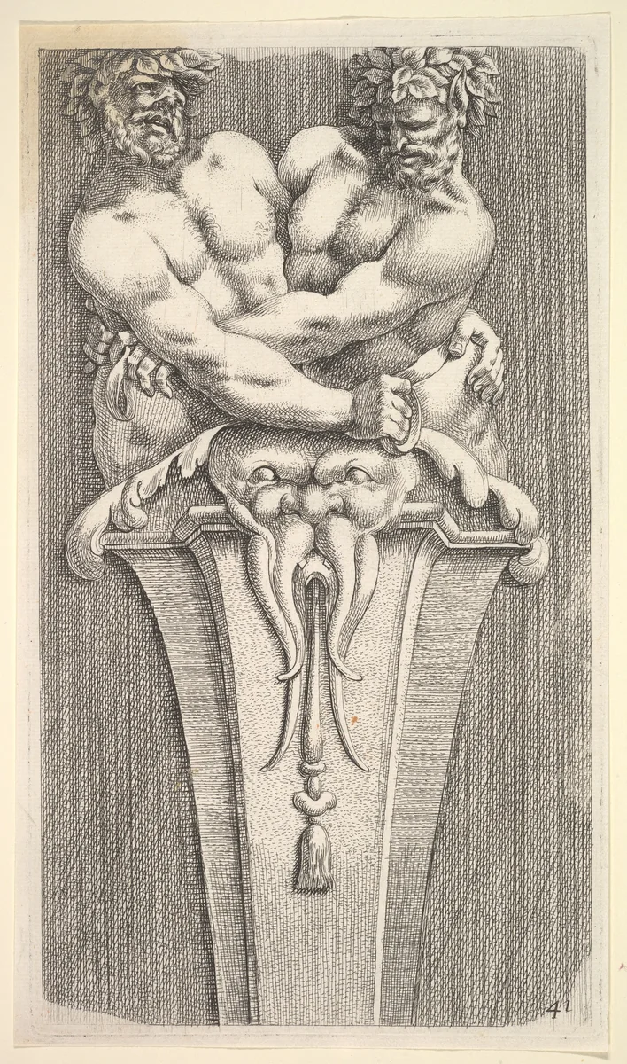 Design for a Term with Two Bacchic Figures, from: Curieuses recherches de plusieurs beaus morceaus d'ornemens antiques et modernes (...) by Jean Le Pautre, print, 1600-1699