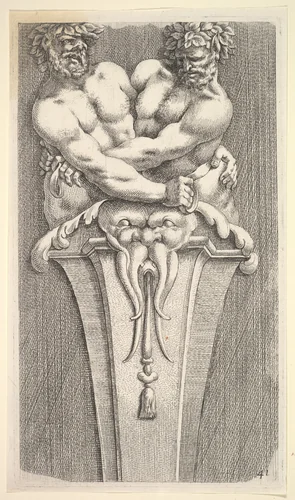 Design for a Term with Two Bacchic Figures, from: Curieuses recherches de plusieurs beaus morceaus d'ornemens antiques et modernes (...) by Jean Le Pautre, print, 1600-1699