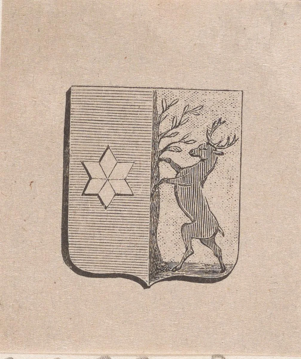 Vignet met een wapen met daarop een hert klimmend tegen een vlierboom by Isaac Weissenbruch, print, 1836-1912