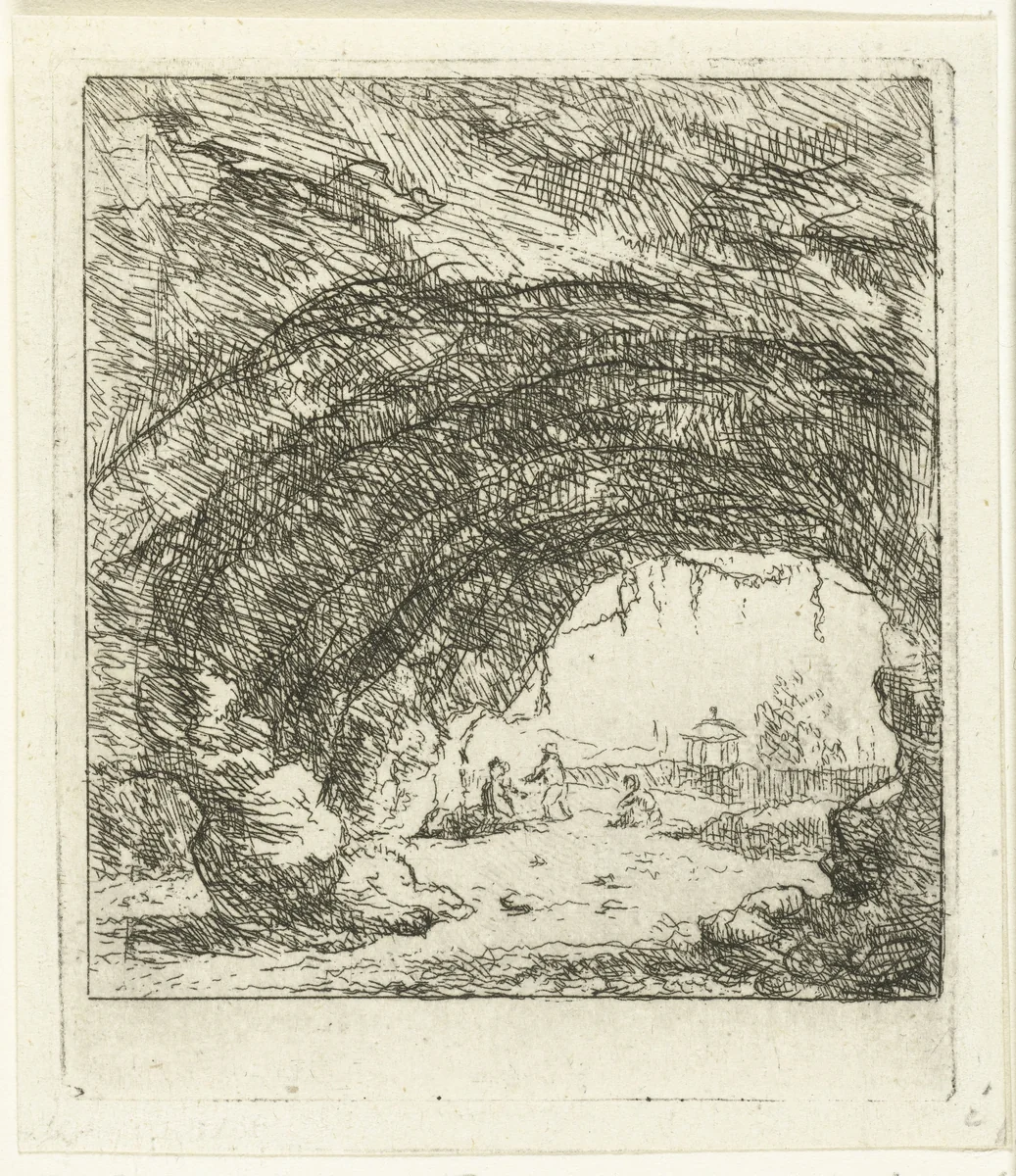 Ingang van een grot met drie figuren by Ernst Willem Jan Bagelaar, print, 1798-1837