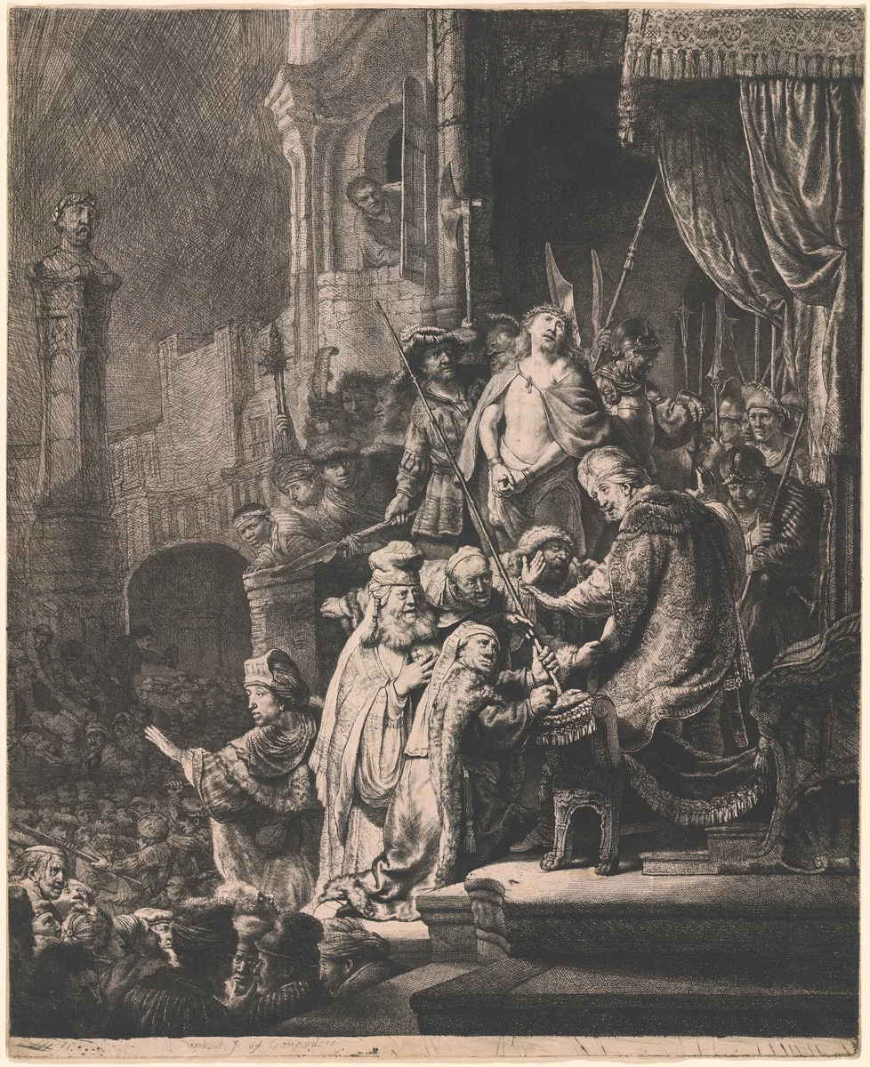 Christ before Pilate: Large Plate by Rembrandt van Rijn, print, 1636