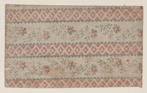 Sheet with two borders with floral and stripe designs by anonymous, print, 1800-1900