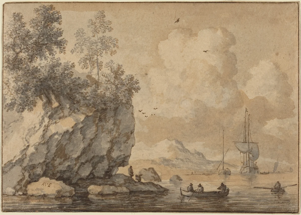 Figures in Rowing Boats in a Rocky Cove, Sailing Ships Beyond by Allart van Everdingen, drawing, 1621-1675