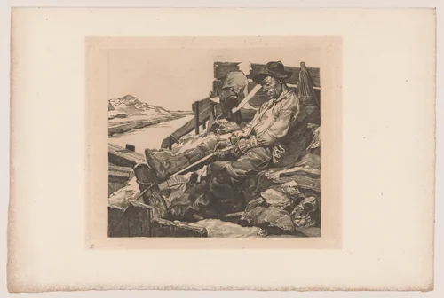 Twee arbeiders bij een zandafgraving by Johannes Josephus Aarts, print, 1902
