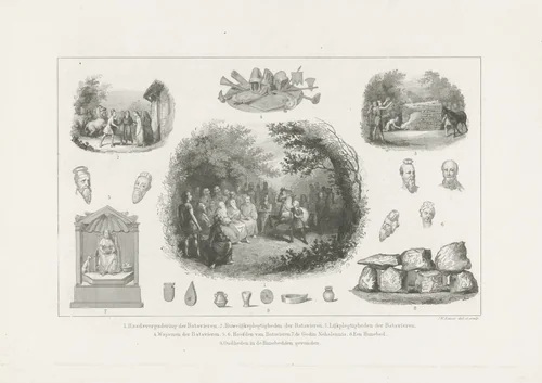 Blad met verschillende scènes en attributen uit het leven van de Bataven by Johann Wilhelm Kaiser, print, 1838-1840