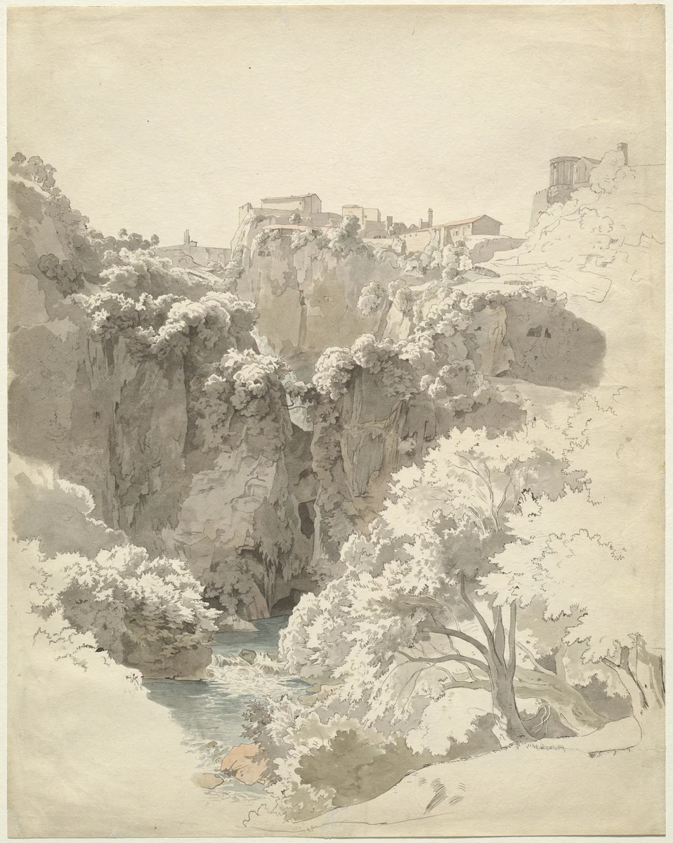 Tivoli and the Temple of the Sibyl Above the Aniene Gorge by Carl Wagner, drawing, 1824