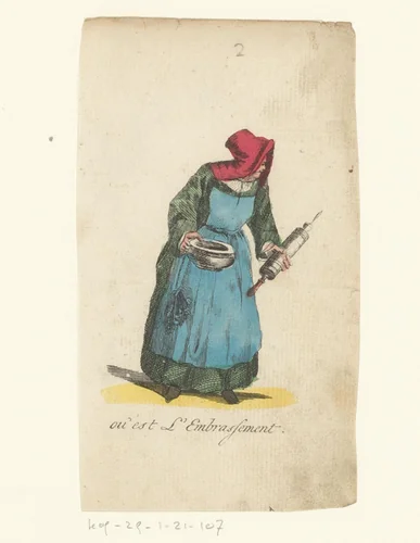 Oude vrouw wil een brand blussen met een waterpot en spuit by anonymous, print, 1793-1800