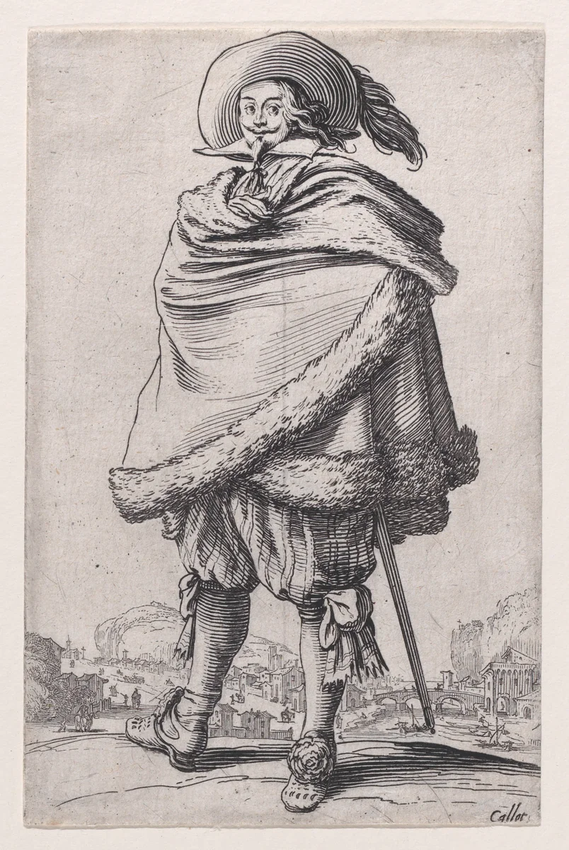 Le Gentilhomme Enroulé dans son Manteau Bordé de Fourrures (The Gentleman Wrapped in a Fur-Lined Mantle), from "La Noblesse" (The Nobility) by Jacques Callot, print, 1618-1628