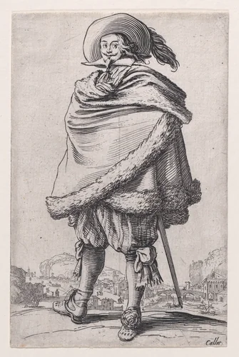 Le Gentilhomme Enroulé dans son Manteau Bordé de Fourrures (The Gentleman Wrapped in a Fur-Lined Mantle), from "La Noblesse" (The Nobility) by Jacques Callot, print, 1618-1628