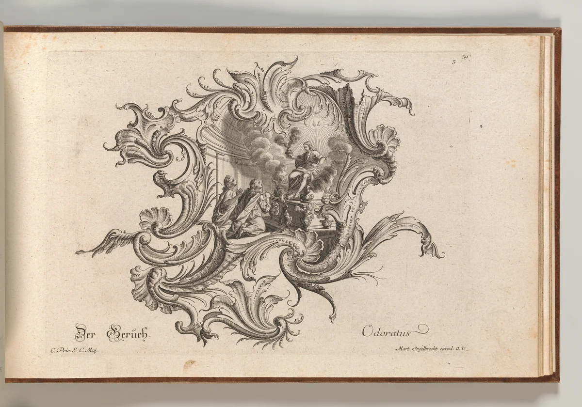 Design for a Cartouche and Representation of 'Smell', Plate 5 from 'Neu Inventierte auf die artigste Facon Sehr nutzliche Schild.' by Johann Georg Pintz, book, 1745-1755