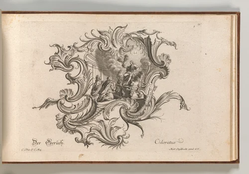 Design for a Cartouche and Representation of 'Smell', Plate 5 from 'Neu Inventierte auf die artigste Facon Sehr nutzliche Schild.' by Johann Georg Pintz, book, 1745-1755