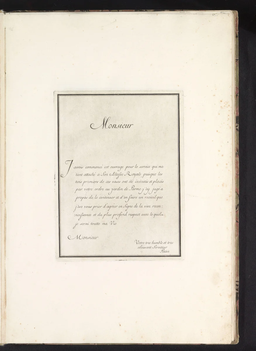 Dedicatieblad voor Suite des Vases met benoeming van de opdrachtgever en vervaardiger by Benigno Bossi, book, 1764