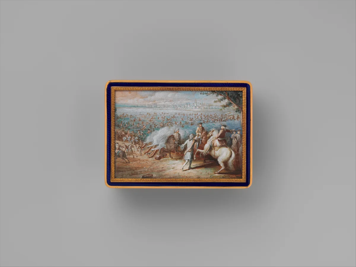Snuffbox with four maritime scenes; Louis XIV crossing the Rhine in 1672 by Adrien Jean Maximilien Vachette, metalwork, 1798-1838