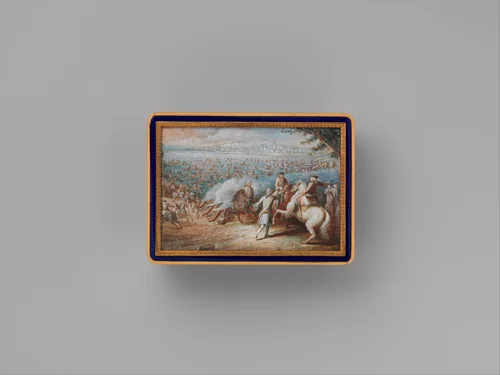 Snuffbox with four maritime scenes; Louis XIV crossing the Rhine in 1672 by Adrien Jean Maximilien Vachette, metalwork, 1798-1838
