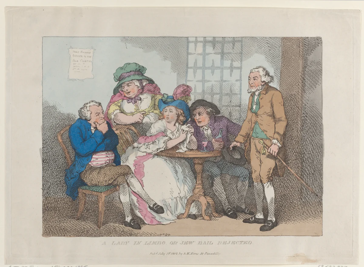 A Lady in Limbo, or Jew Bail Rejected by Thomas Rowlandson, print, 1785-1802