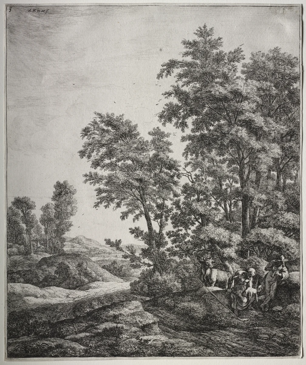 Six large upright landscapes with scenes from Ovid's Metamorphoses: Mercury and Argus by Anthonie Waterloo, print, 1640-1690