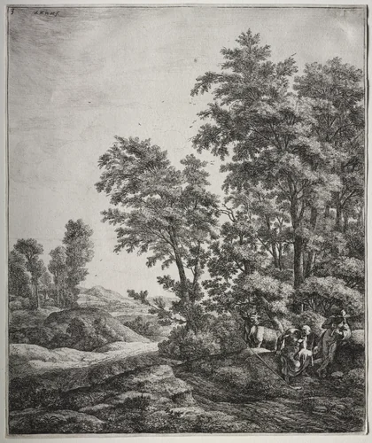 Six large upright landscapes with scenes from Ovid's Metamorphoses: Mercury and Argus by Anthonie Waterloo, print, 1640-1690