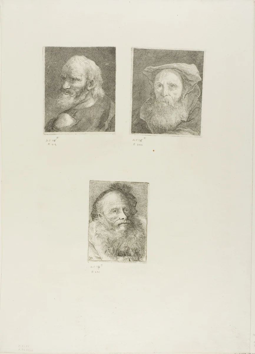 Old Man with a Beard, Bearded Old Man with a Hat, Old Man with Decorative Cap by Giovanni Domenico Tiepolo, print, 1775