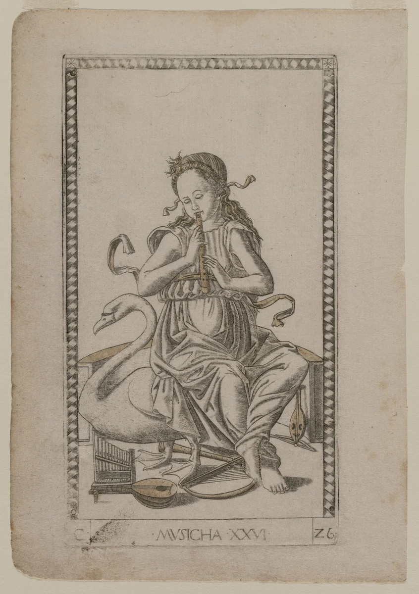 Music (from the Tarocchi, series C: Liberal Arts, #26) by Master of the E-Series Tarocchi, print, 1457-1467