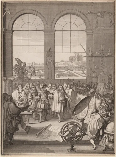 Louis XIV Visiting the Royal Academy of Sciences by Sébastien Leclerc, print, 1671