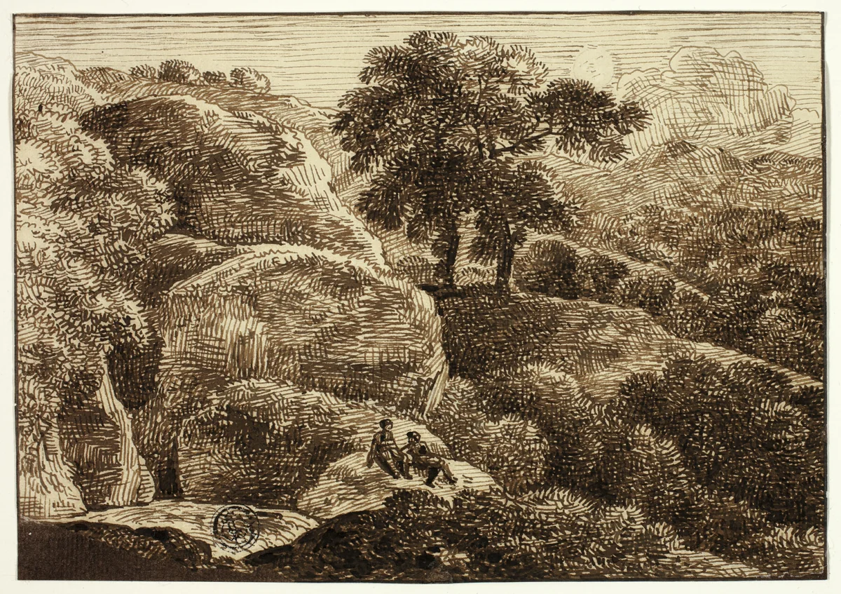 Two Figures Resting on Hillside near Two Trees by Franz Kobell, drawing, 1700-1799