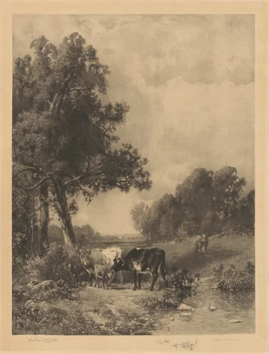 Untitled (Cows And Calves By A Stream) by Robert A. Eichelberger, print, 1889