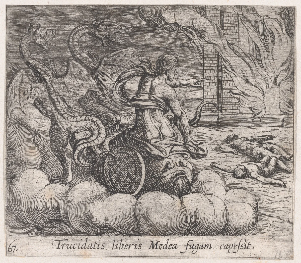 Plate 67: Medea Destroying Jason's Family and Home (Trucidatis liberis Medea fugam capeßit), from Ovid's 'Metamorphoses' by Antonio Tempesta, print, 1606