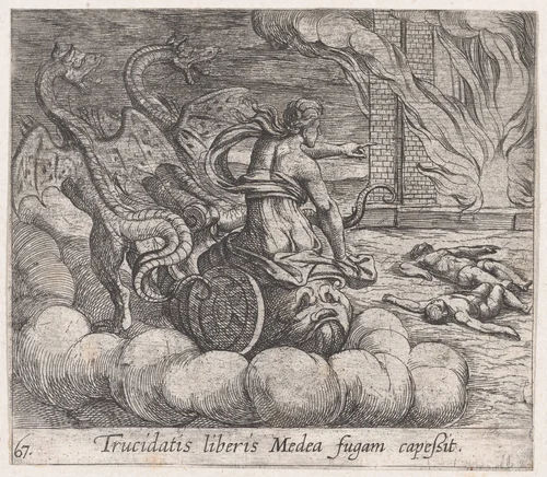 Plate 67: Medea Destroying Jason's Family and Home (Trucidatis liberis Medea fugam capeßit), from Ovid's 'Metamorphoses' by Antonio Tempesta, print, 1606