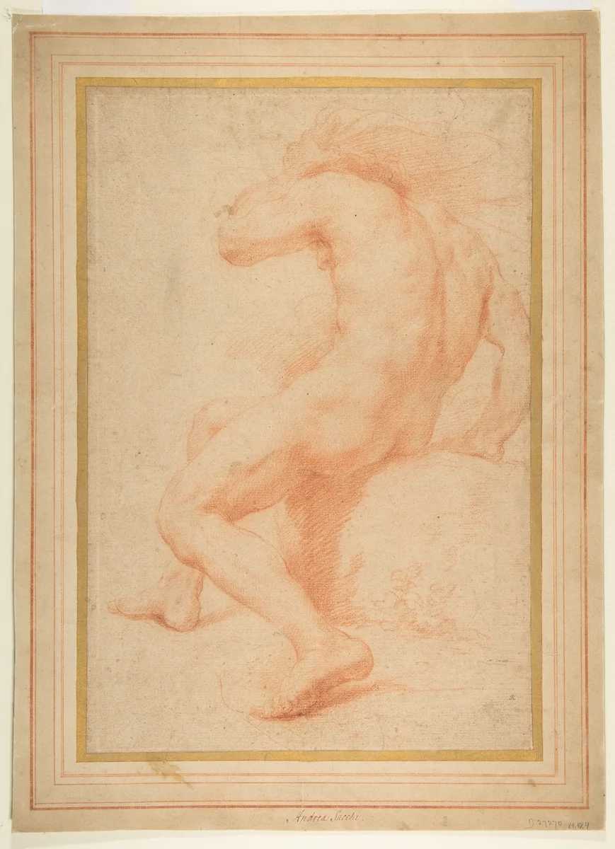Back View of a Seated Male Nude by Andrea Sacchi, drawing, 1599-1661