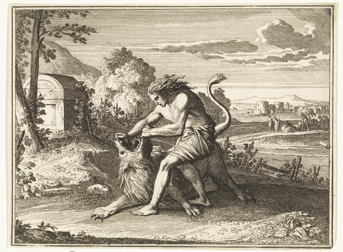 Simson verslaat de leeuw by Caspar Luyken, print, 1712