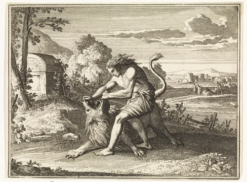 Simson verslaat de leeuw by Caspar Luyken, print, 1712