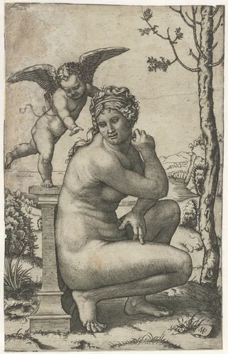 Venus hurkend bij zuil waarop Amor staat by Unknown, print, 1510-1527