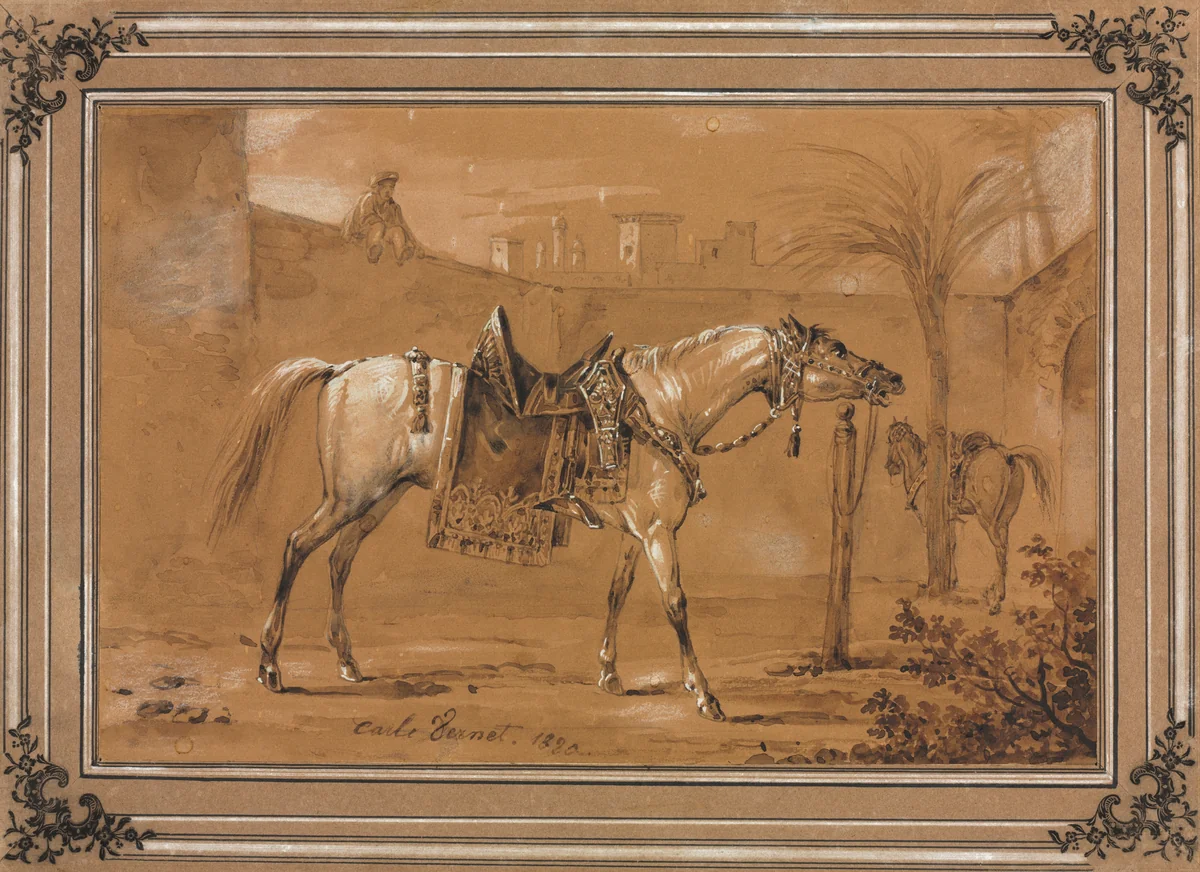 Saddled Arabian Horse in Courtyard by Carle Vernet, drawing, 1820