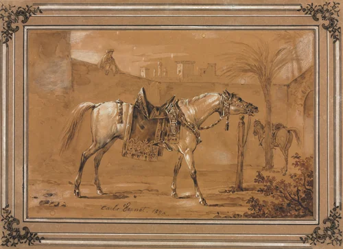 Saddled Arabian Horse in Courtyard by Carle Vernet, drawing, 1820