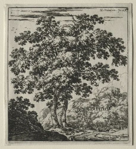 Les deux grands arbres au bord du chemin by Herman Naiwincx, print, 1640-1651