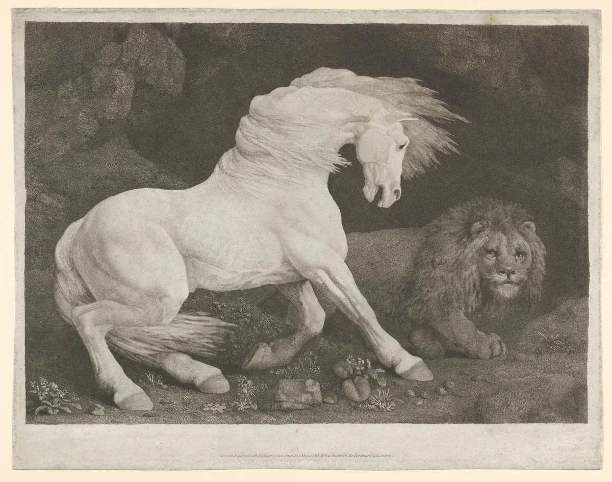 A Horse Affrighted at a Lion by George Stubbs, print, 1788