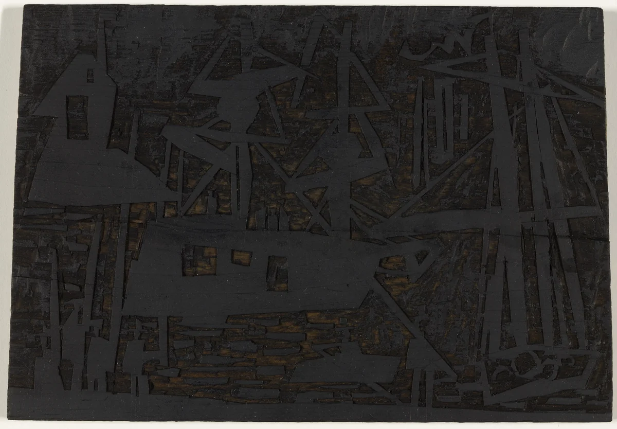 Woodblock for Harbor (with Boats and Anglers) (Hafen [mit Booten und Anglern]) by Lyonel Feininger, print, 1920