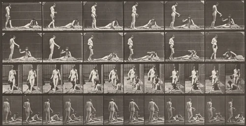 Plate Number 485. A: Standing and filling a goblet. B: Drinking while lying on the ground by Eadweard Muybridge, photograph, 1887