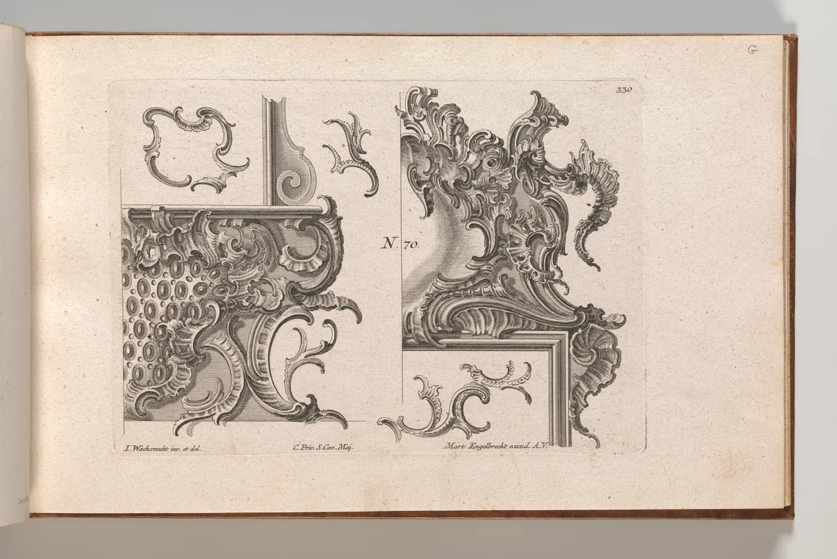 Suggestion for the Decoration of Lower Right and Top Right of a Framel, Plate 1 from an Untitled Series with Rocailles Ornaments for Window, Pier Glass and Door Frames' by Jeremias Wachsmuth, book, 1745-1755