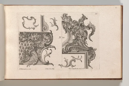 Suggestion for the Decoration of Lower Right and Top Right of a Framel, Plate 1 from an Untitled Series with Rocailles Ornaments for Window, Pier Glass and Door Frames' by Jeremias Wachsmuth, book, 1745-1755