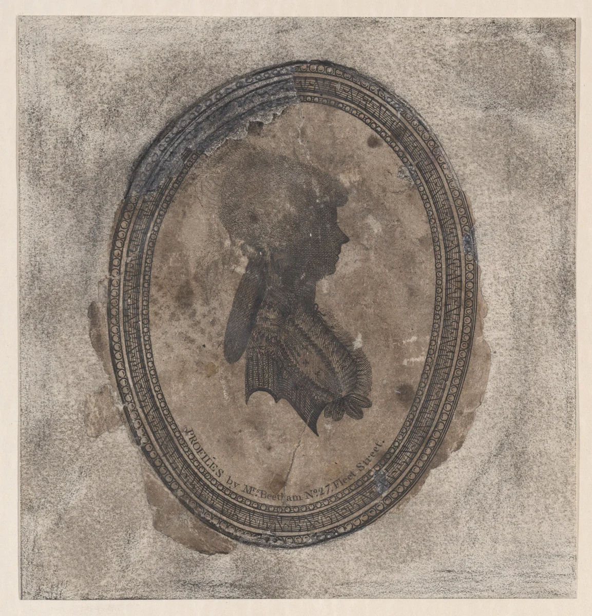 Silhouette of a young woman facing right in an oval frame by Isabella Beetham, print, 1825-1900