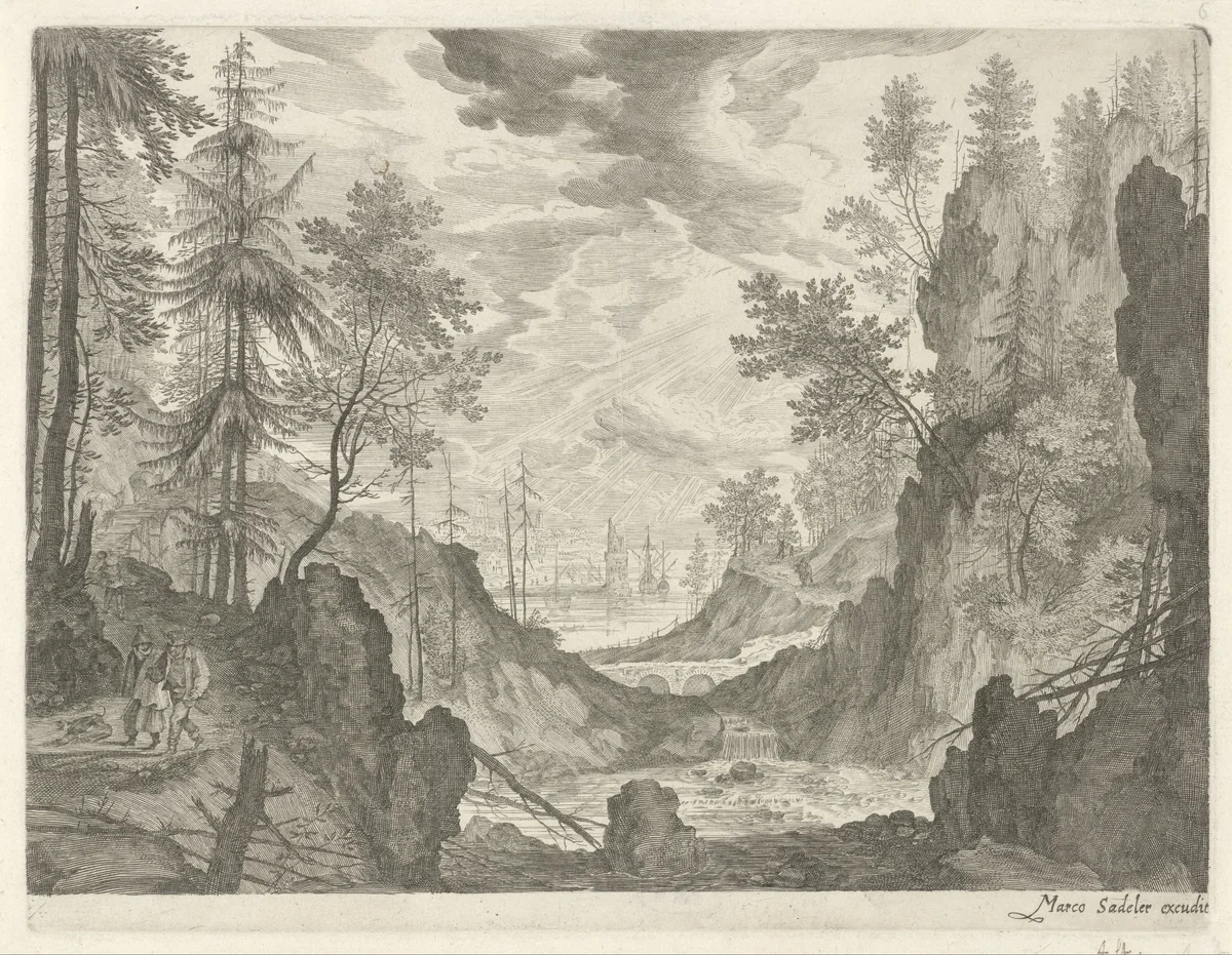 Boslandschap met waterval by Aegidius Sadeler, print, 1609